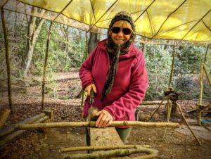 TRIBE Bushcraft session social saturdays family bushcraft using a bushcraft workbench to cut a hazel pole to length