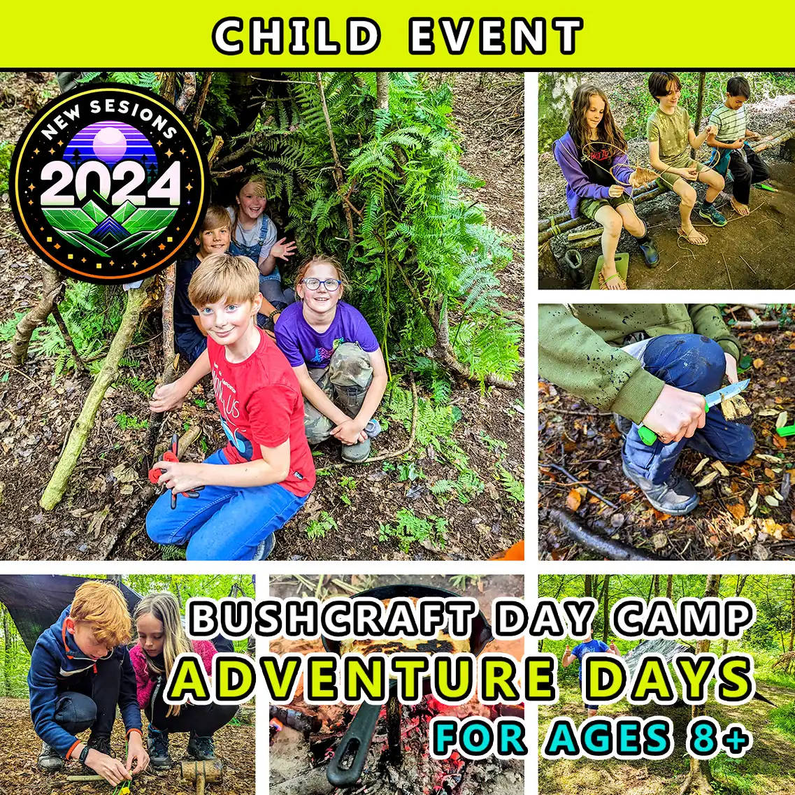 Child adventure days for ages 8 to 17 bushcraft day camp at TRIBE new for 2024