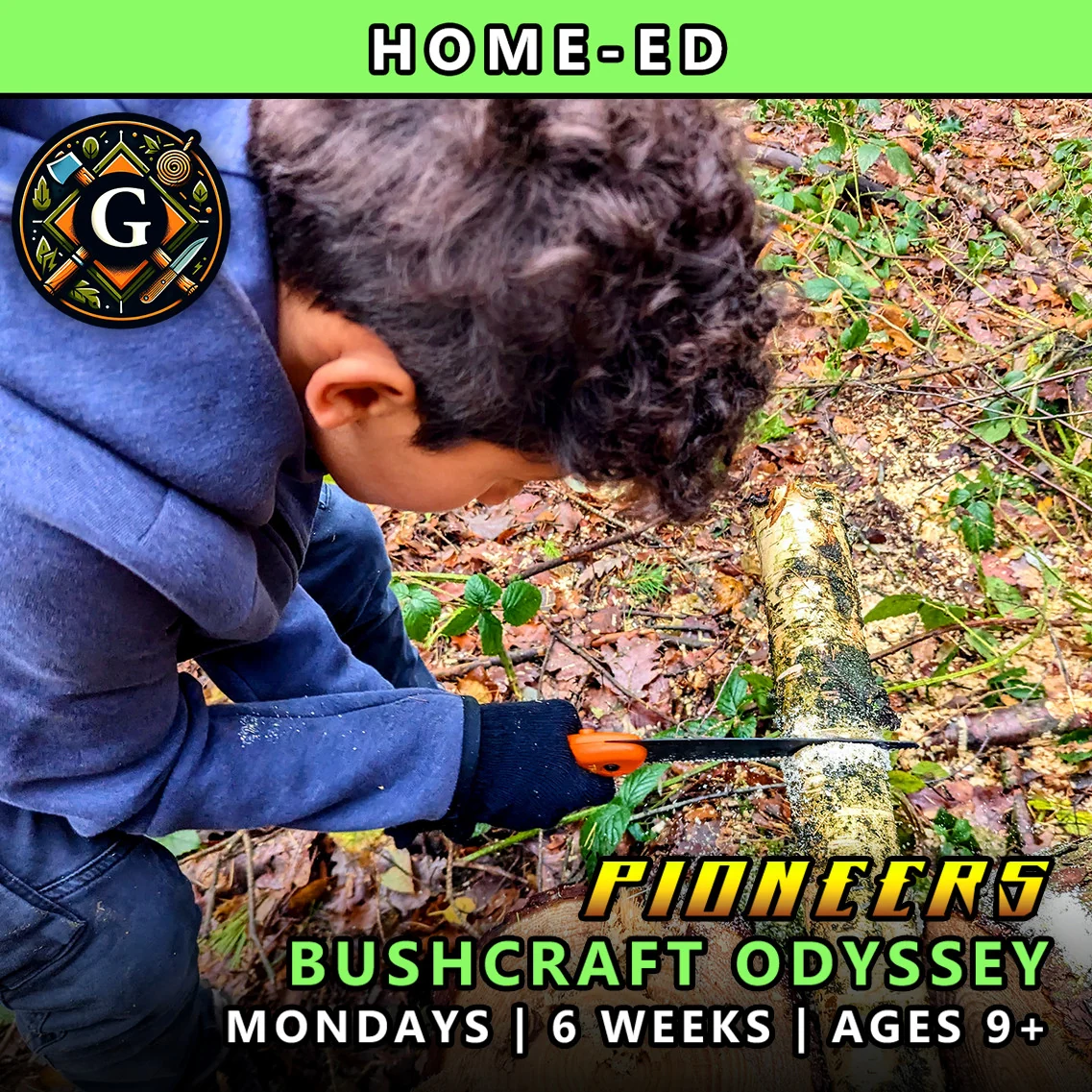Bushcraft odyssey Mondays Pioneers course for home-ed children at TRIBE Course G with honours